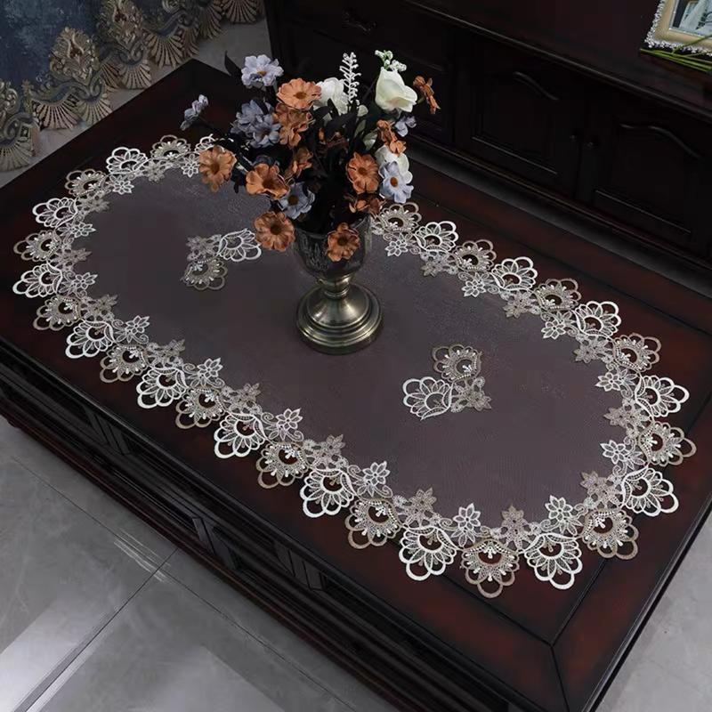 American Style, Coffee Table Mat, Oval Shape, Lace Trim, Transparent ...