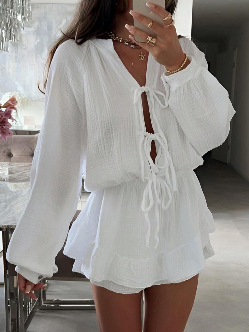 Product Introduction of Women's Solid Tie Front Ruffle Hem Dress, Casual Long Sleeve Top & Shorts for Spring & Fall, Women's Clothes for Daily Wear, Dresses for Women, Holiday Dresses 1