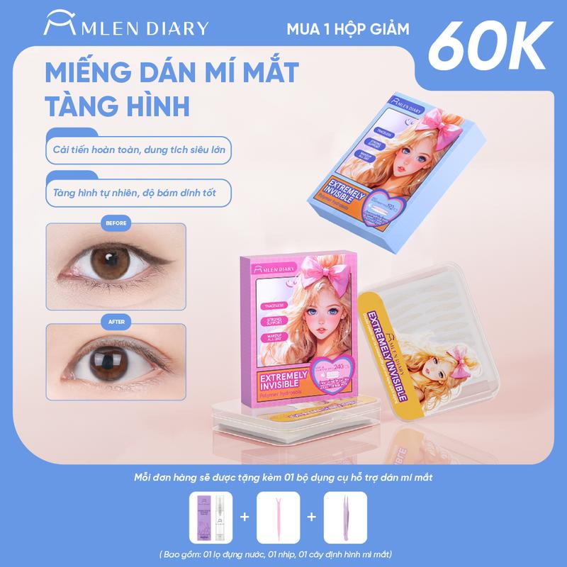 [Tặng kèm bộ dụng cụ - Mua 2 hộp giảm 60K] Mlen Diary - Miếng Dán Kích Mí Lưới Tàng Hình Tự Nhiên Phù Hợp Cho Mọi Dáng Mắt, Nhiều Lựa Chọn Dễ Dùng Cho Người Mới Bắt Đầu, Kích Mí Không Gây Lộ, Tự Nhiên Cả Khi Không Makeup