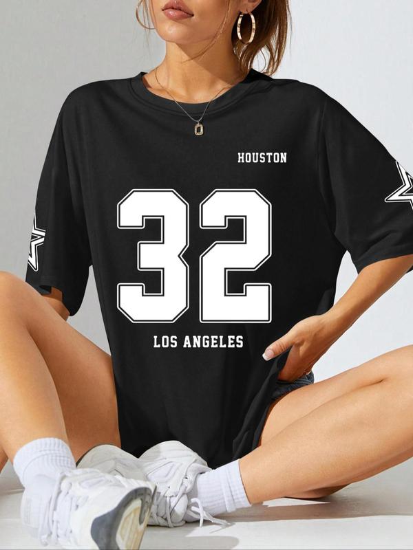 Women's Letter & Figure Print Round Neck Graphic Baby Tees Y2k Tee, Casual Streetwear Star Print Half Sleeve Oversized T Shirt for Summer, T Shirts for Women, Graphic Tee, Summer Clothes, Clothing 2