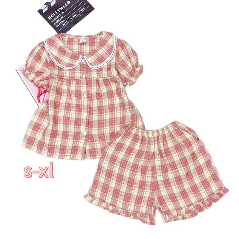 MÃ-M26.22-48kg.Bộ đồ mặc nhà  đùi caro cotton nhung , cổ lá sen may ren cho bé size đại chất liệu caro nhung cotton mềm,mịn, thấm hút mồ hôi Voi Nón đồ  ngủ