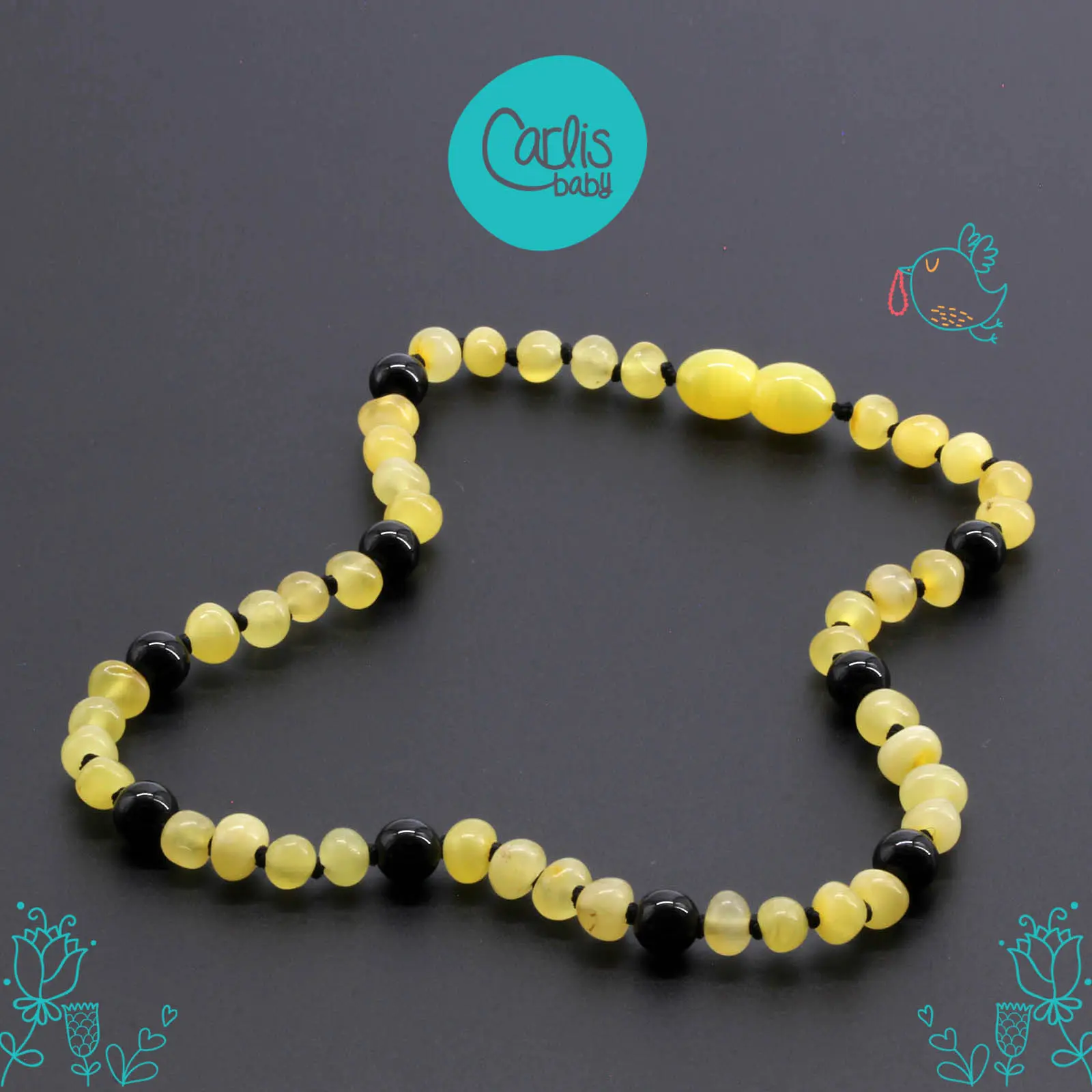 Kalung Amber Tumbuh Gigi Bayi dengan Black Onyx By Carlis Baby. AG46