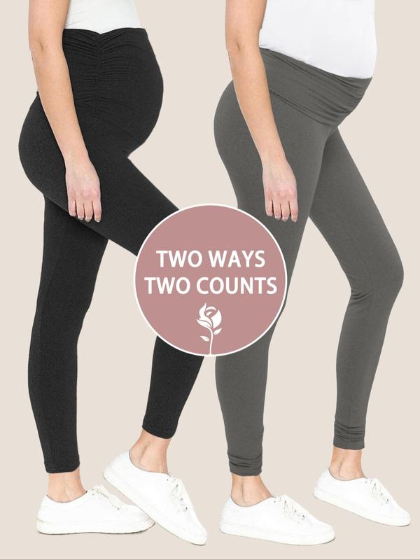 Maternity Solid Color Ruched High Waist Maternity Leggings, Casual Comfy Breathable Skinny Pants for Pregnancy & Postpartum, Maternity Bottoms for Fall & Winter 3