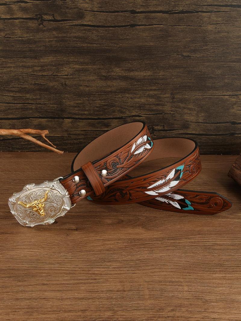 Product Introduction of Men's Bull Head Buckle Western Belt, Fashionable Feather Pattern Belt for Men, Casual Waistband for Jeans Trousers, Fashion Belt for Party, Daily Clothing Decor 3