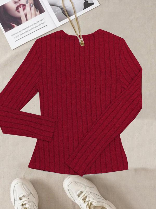 Women's Plain Textured Fake Buttons Wrapped Ruched V Neck Tee Without Necklace, Elegant Casual Long Sleeve T-Shirt, Ladies Fall & Winter Top 7