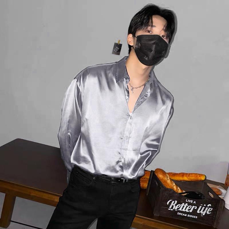 Áo Sơ mi nam tay dài lụa satin sang trọng - Trắng Xám/Đen