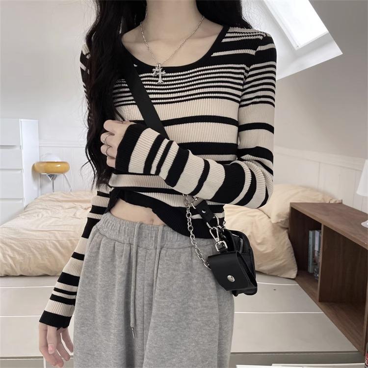 Áo Mặc Bên Trong Lớp Cơ Sở, Phong Cách Mỹ, Dành Cho Nữ, Cổ Điển, Đồ Len Kẻ Sọc, Ngắn, Thích Hợp Cho Mùa Thu, Dễ Phối Đồ, Duyên Dáng, Phong Cách Xã Hội Women Top Sọc Kẻ 2