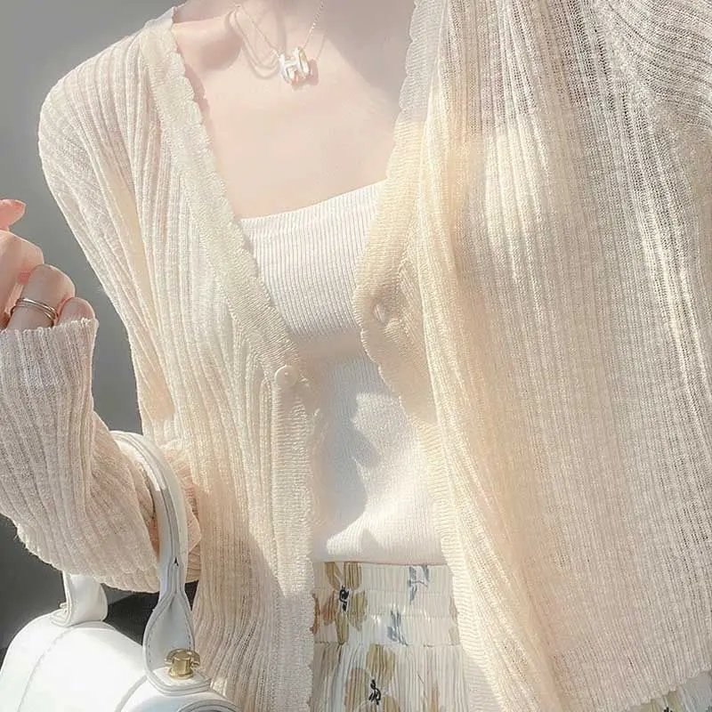 Áo Cardigan Chống Nắng Dệt Kim Lụa Lạnh Mỏng, Dành Cho Phụ Nữ, Hàng Mới Về 2024, Áo Khăn Choàng Mùa Hè, Áo Cánh, Áo Khoác Sơ Mi Điều Hòa Không Khí Ngắn, Women, Top