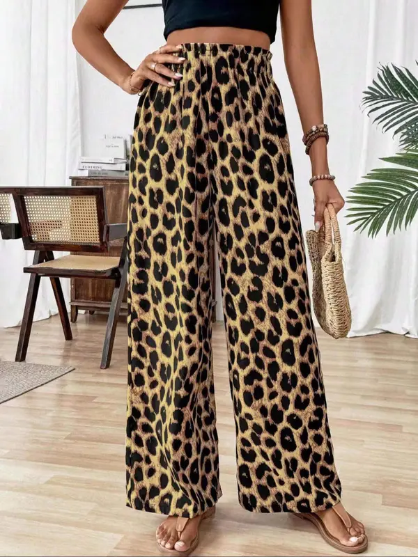 Women's Leopard Print Elastic Waist Wide Leg Pants, Casual Comfy Trousers for Daily Wear, Ladies Bottoms for All Seasons 4