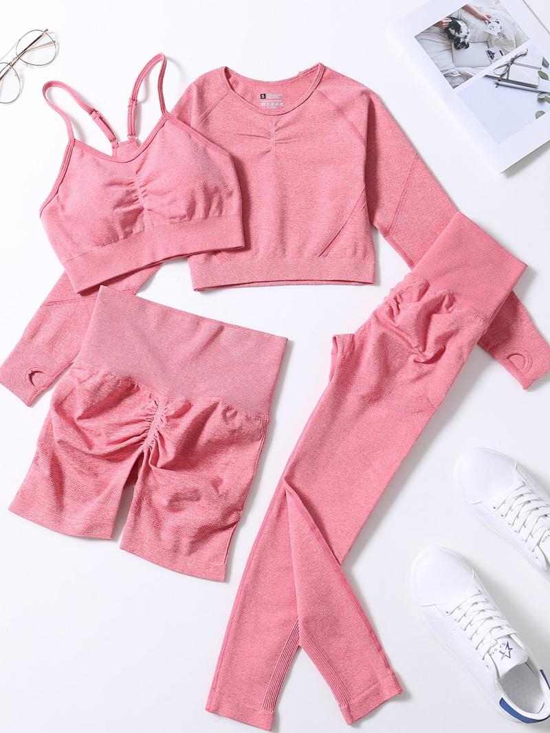Product Introduction of Women's Solid Sports Bra & High Waist Leggings & Raglan Sleeve Crop Tee & Shorts Tracksuit Set, Sporty Breathable Adjustable Strap Sports Bra & High Stretch Yoga Leggings & Top & Shorts, Ladies Sportswear for Indoor Outdoor Wear, Gym Sets for Women 2