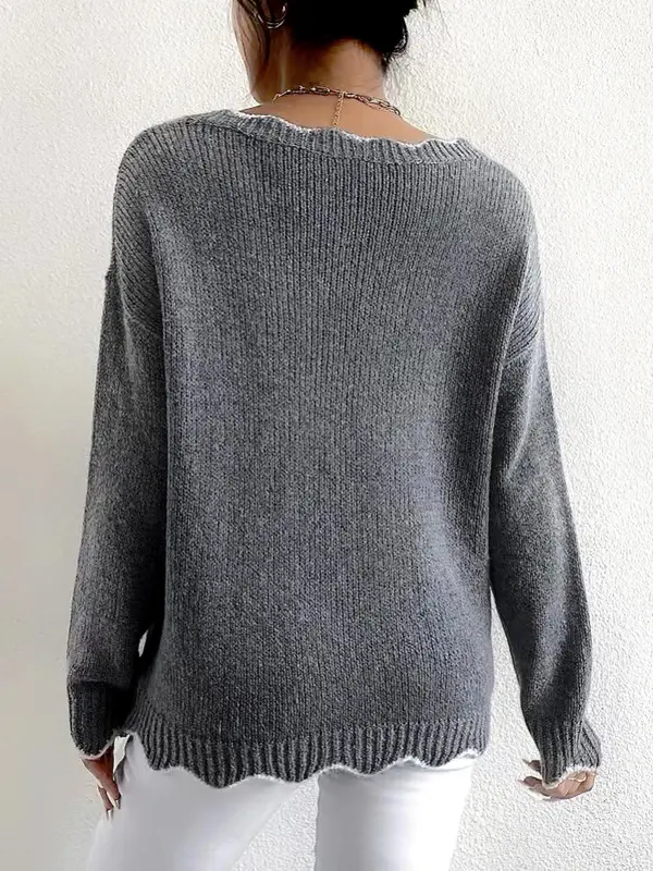 Women's Scallop Trim Drop Shoulder Sweater, Casual Long Sleeve V Neck Jumper for Fall & Winter, Comfy Fall Outfits for Women 1