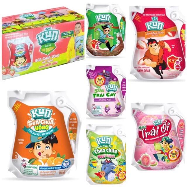 Thùng 24 túi vị dâu,cam,nho,ổi,socola lúa mạch 24túi x110ml/ Thùng sữa kun