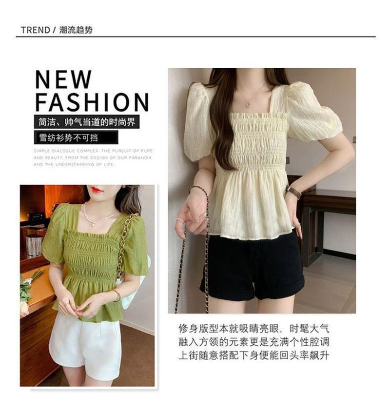 Product Introduction of Áo Voan, Cổ Vuông Phong Cách Pháp, ngắn Tay, Hàng Mới Về Mùa Hè 2025, Tay Phồng Duyên Dáng Áo Ngắn, Áo Cánh Dáng Rộng Vừa Vặn, Dành Cho Nữ 20