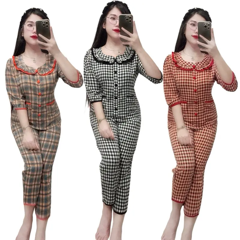 Đồ Bộ Nữ Tay Lỡ Quần 9 Tấc, Set Đồ Bộ Cổ Bèo 2 Túi Cho Nữ Chất Vải Mango Mềm Mịn Có Nhiều Hoạ Tiết Thích Hợp Mặc Nhà Cho Mọi Lứa Tuổi Women Kem lụa