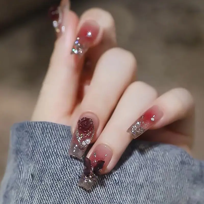 Coral Red Blush Mid-Length Ballet Nail Crystal Butterfly Camellia Pearl Combination Nail Sticker 24 Pieces