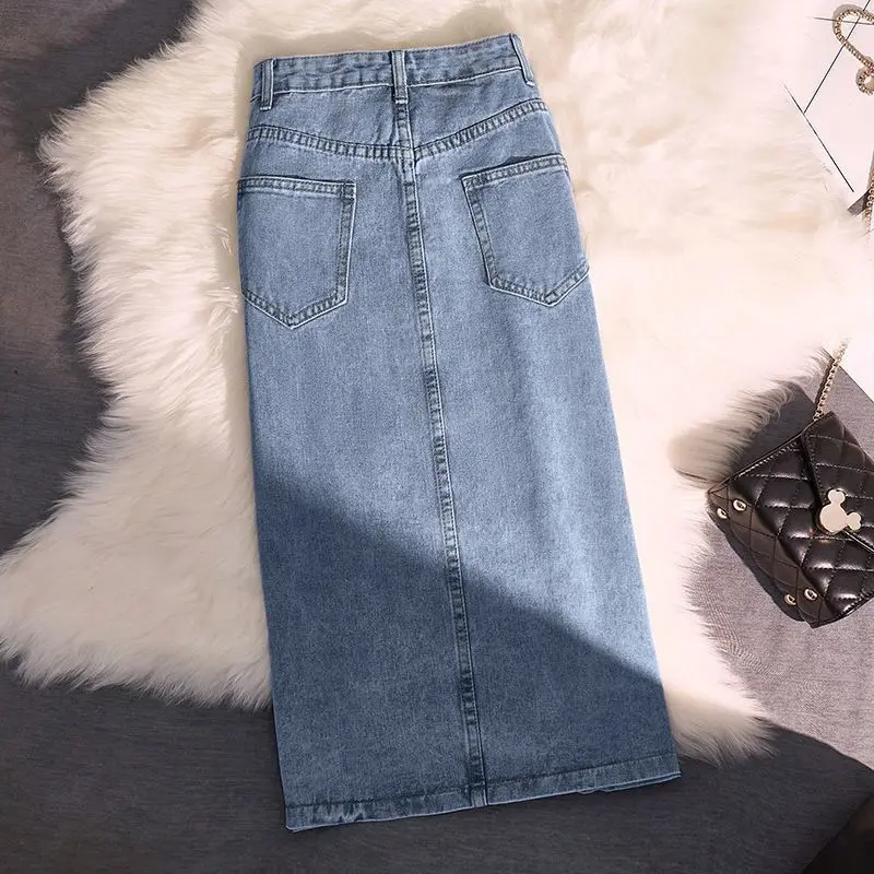 [Store Hot Sale] Denim Midi Skirt for Women 2025 Summer New High Waist Elegant Slimming Side Slit Bodycon A-Line Skirt