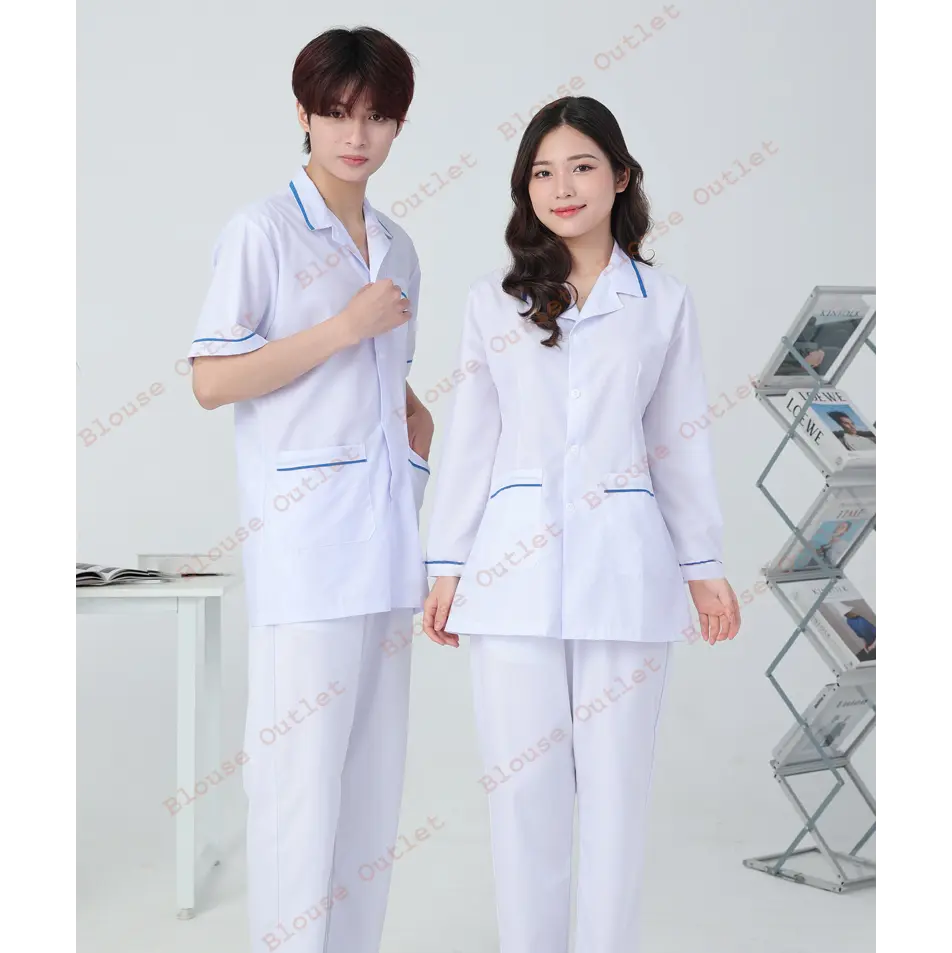 Áo blouse trắng viền xanh Dương cho điều dưỡng, y tá, dược sỹ, spa, thẩm mỹ viện