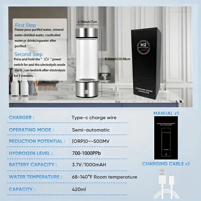 Portable Rechargeable Hydrogen Water Bottle, Hydrogen Water Machine, Portable Hydrogen Water Bottle Generator, Water Bottle for Home Office Outdoor, Drinkware, Tumbler 1