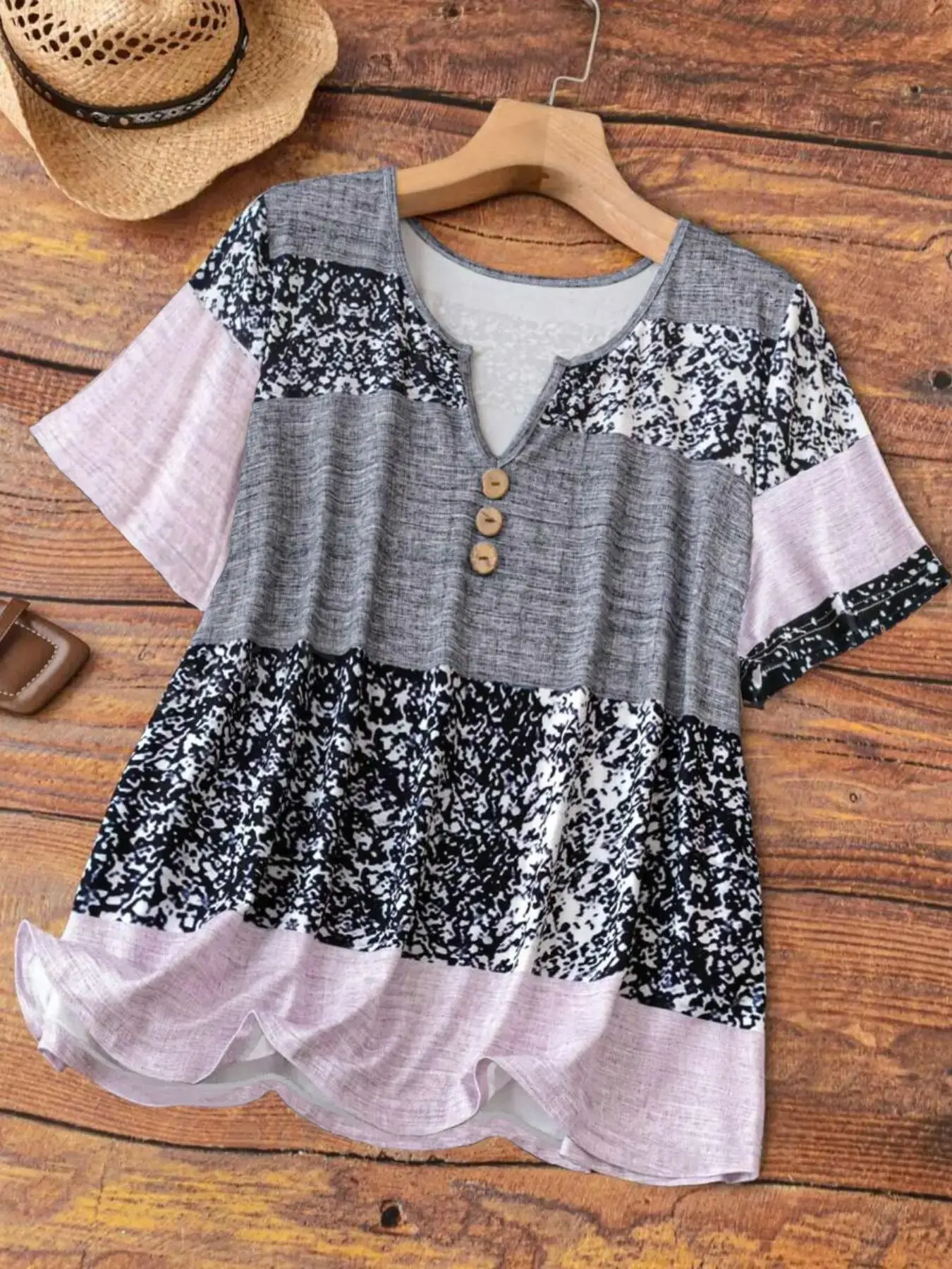 Plus Size Patchwork Print Fake Buttons  Tee, Casual Notched Neck T-shirt for Summer, Women's Plus Clothing for Daily Wear
