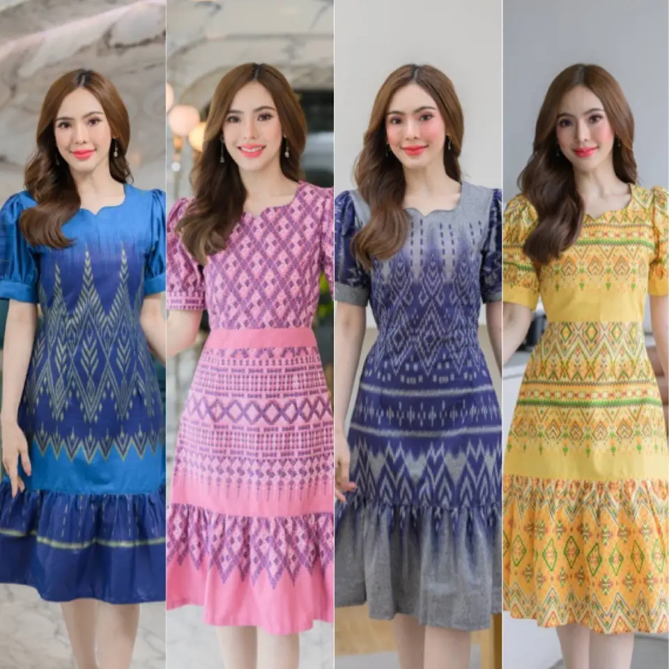 เดรสผ้าไทยใส่ทำงาน ผ้าฝ้ายพิมพ์ลาย (มีไซร้ 36"-52")