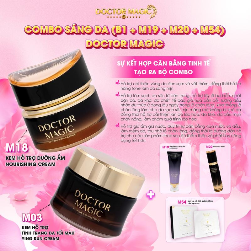 Combo SÁNG DA (B1+M19+M20+M54) Doctor Magic gồm: Bộ Sản Phẩm Kem Dưỡng Hỗ Trợ Sáng Da + Sữa Rửa Mặt Sạch Sâu Acid Amino + Nước Hoa Hồng + Mặt Nạ Hỗ Trợ Nuôi Dưỡng Làm Sạch Da - Làm Đẹp Da