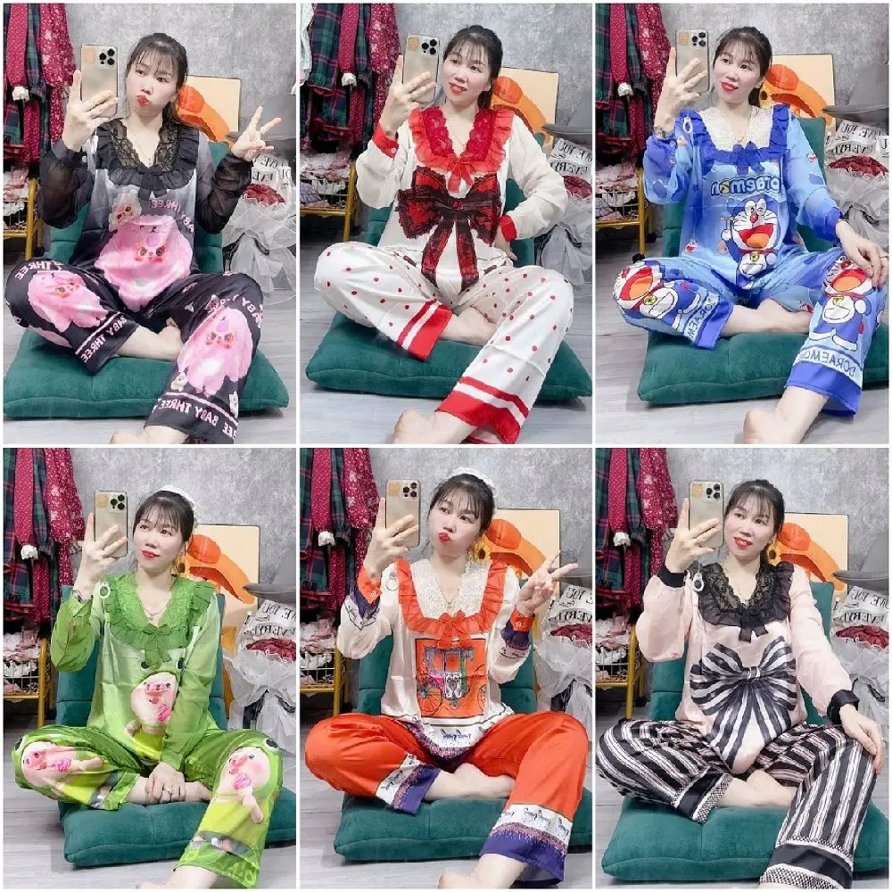 Bộ Pijama Nữ , Vải Lụa Xước- Lụa Mịn Tay Phối Voan Nhiều Họa Tiết, Tay Dài Quần Dài, Phom Thường, Lụa Có hoa Women Voi Kem Quần Ngủ