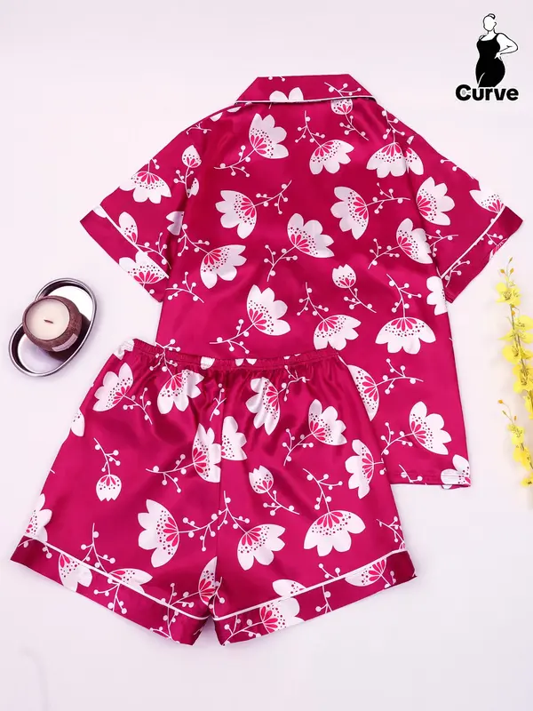 【Plus Size】 Floral Print Lapel Neck Top & Shorts Pyjama Two-piece Set, Elegant Comfy Short Sleeve Top & Shorts PJ Set, Women's Sleepwear for All Seasons, Loungewear 1