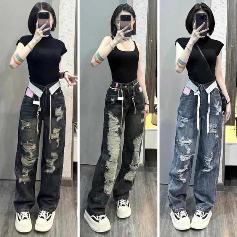 Quần jean rách gối MELINA quần bò nữ ống suông rách nhiều cạp cao bẻ cạp, đai bản to màu đen ánh rêu, xanh đậm, xám khói size S M L SPG2