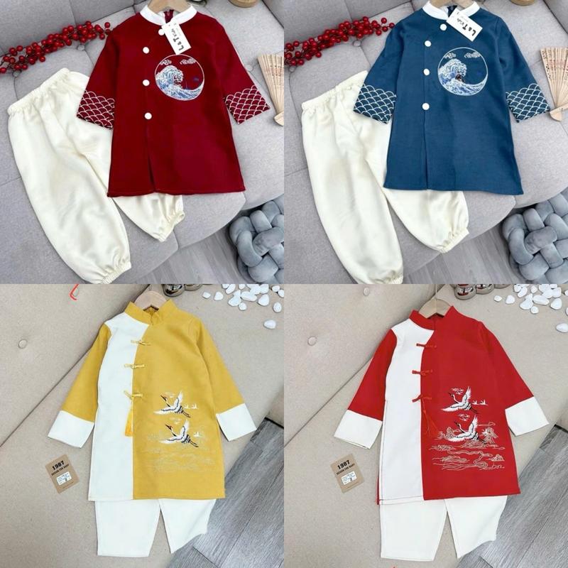 Bộ Áo Dài thêu hạc ,rồng, sóng biển ,chữ Thập Ba Màu Vàng Và Đỏ , Xanh Cho bé trai từ 10-33kg [ shop linh kids 88]