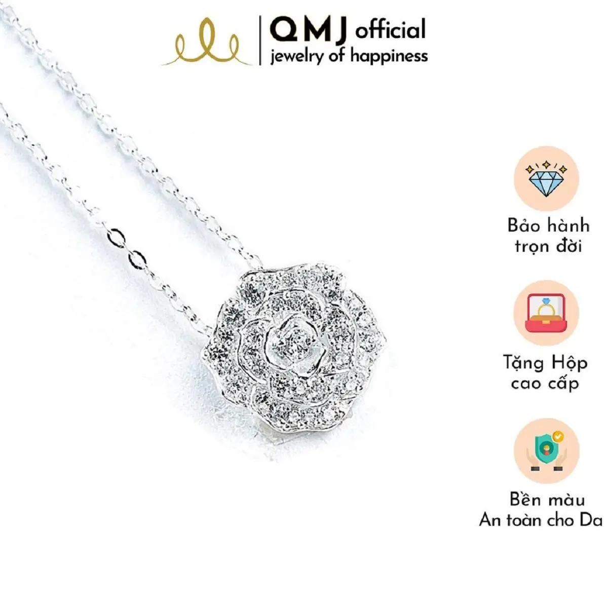 Dây chuyền bạc nữ đẹp QMJ Q018 Rose nạm đá tấm cao cấp, thời trang phụ kiện trang sức bạc 925 cao cấp