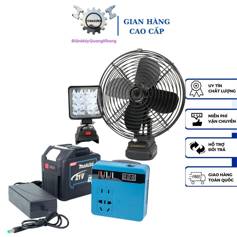 Combo 5 món gồm (đế chuyển nguồn 18-21v sang 220v + đèn leb 16 bóng + quạt 8inch + pin 20cell + sạc) sử dụng chân pin phổ thông Makita 4cm QuạT Fan