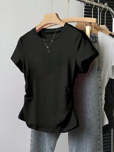 レディース無地ラウンドネックTシャツ、ファッショナブルなカジュアルウェア、サイドギャザーデザイン、日常に最適なフィット感