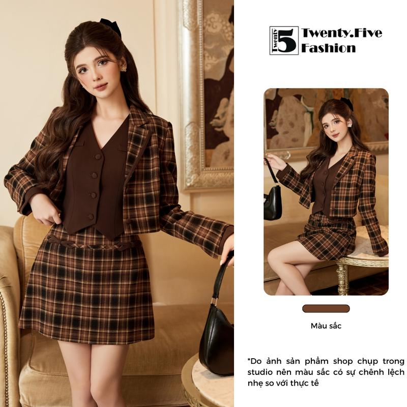 Twentyfive ( Có XL ) AKH01-AH98-CH56 Set 3 Món Thiết Kế Áo Nữ Khoác Dạ Crt , Gile Nâu Tây, Chân Váy Dạ Dáng A Chât Dạ Cao Cấp Sang Chảnh Thanh Lịch Top Women