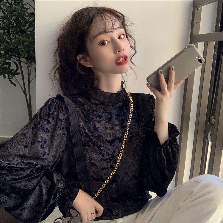 Product Introduction of Áo Sơ Mi Nhung, Ngọt Ngào Và Thanh Lịch, Chắp Vá Selvedge Dây Cổ Đứng, Hàng Mới Về Mùa Thu Cho Nữ, Tay Phồng Trẻ Trung, Áo Dài Tay 18