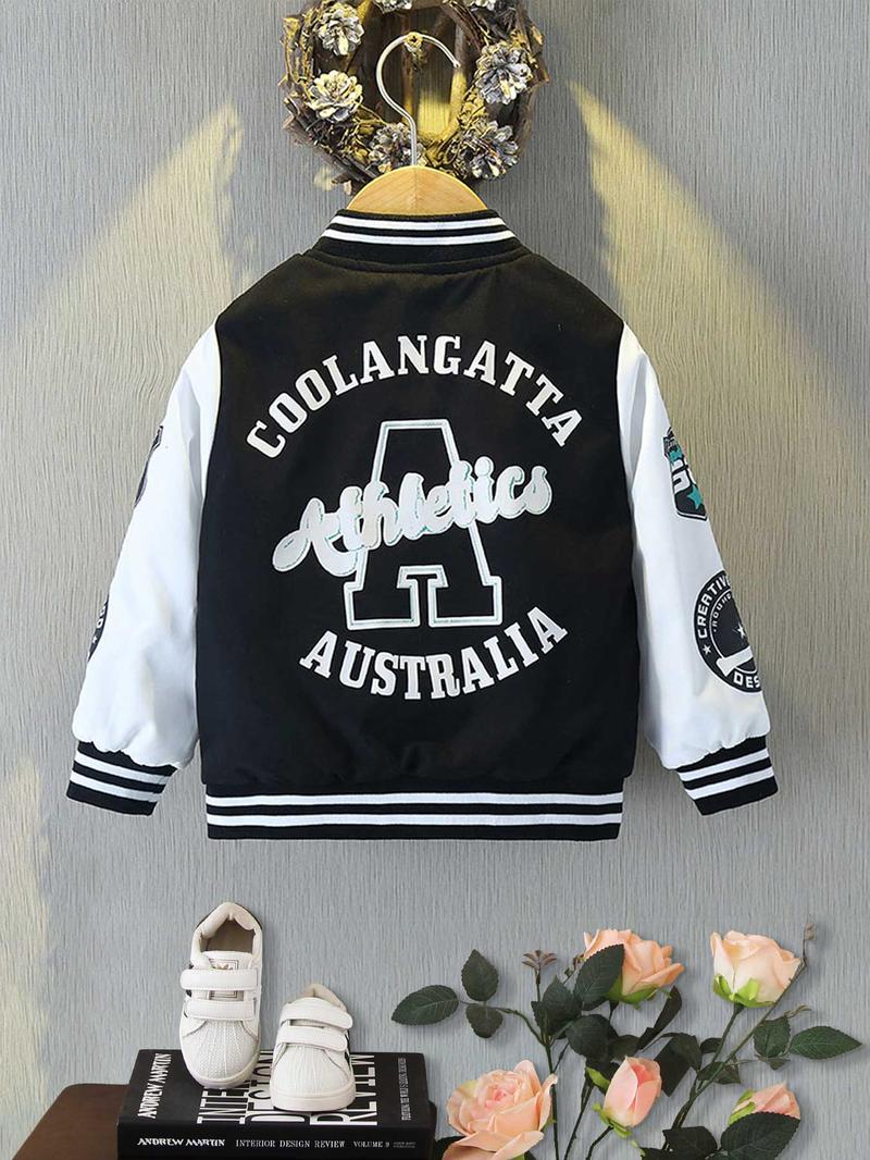 Product Introduction of Boy's Letter Print Baseball Collar Jacket, Casual Loose Fashionable Varsity Jacket for Daily Outdoor Wear, Kids Clothing for All Seasons, Athletic 5
