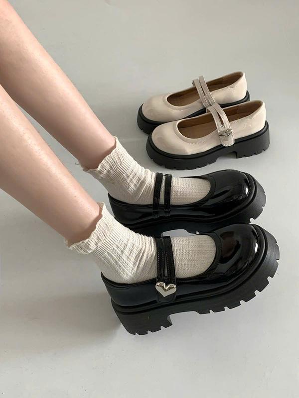 (chân gầy mỏng lùi 1 size)Giày lolita nữ quai dán hình tim chất da bóng mềm êm chân Shoes Jean Nhung