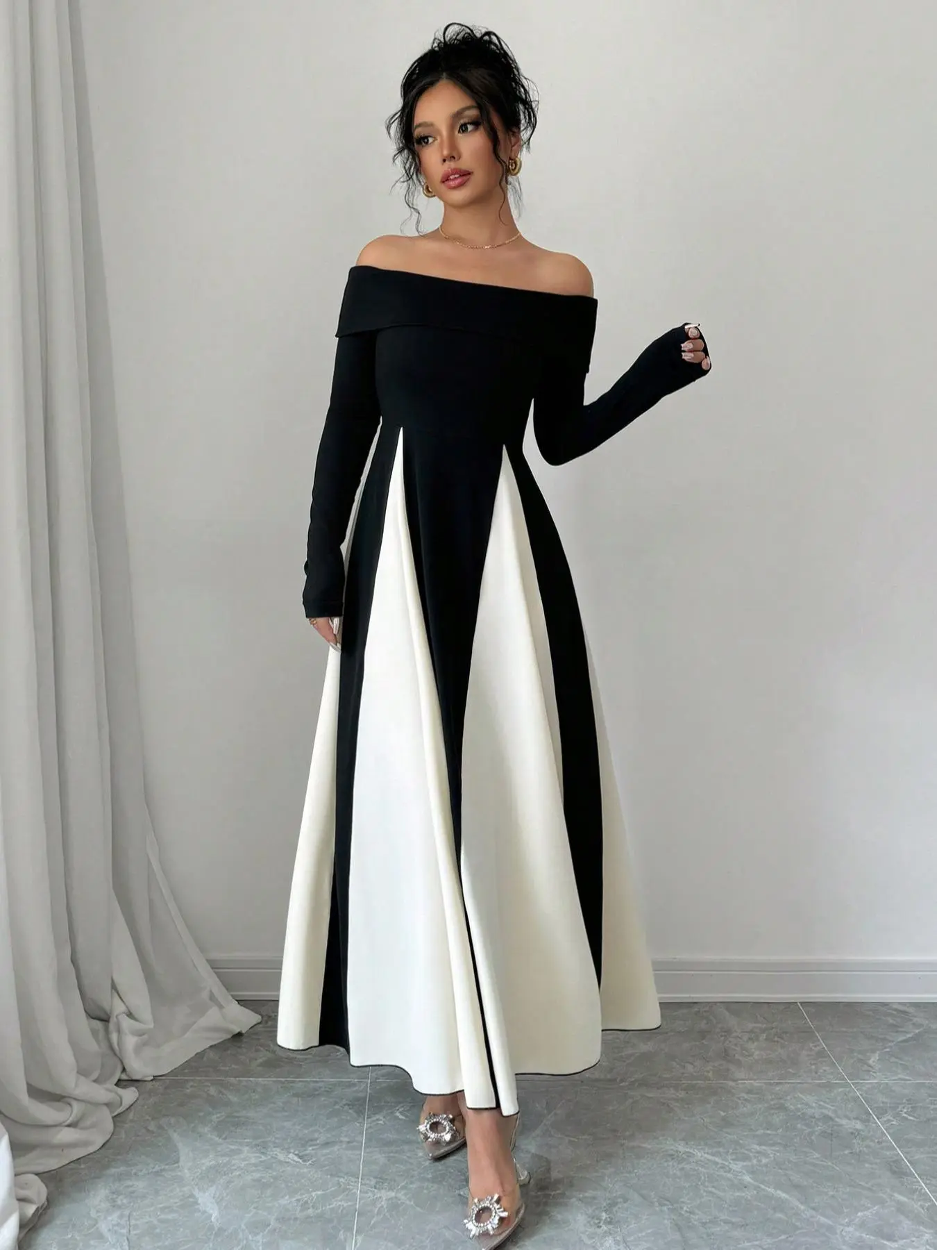 Women's Colorblock Off Shoulder Long Sleeve Dress, Elegant A Line Dress for Party Holiday Wedding Guest, Ladies Spring & Fall Clothes Valentine's Day, Party Dresses