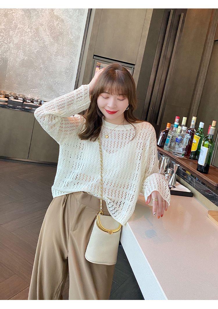 Product Introduction of 🔥Top fashion hollow out knits trendy women new loose slimming outside wear thin ruffles long sleeve shirt trendy top for women Womenswear Knitwear 2