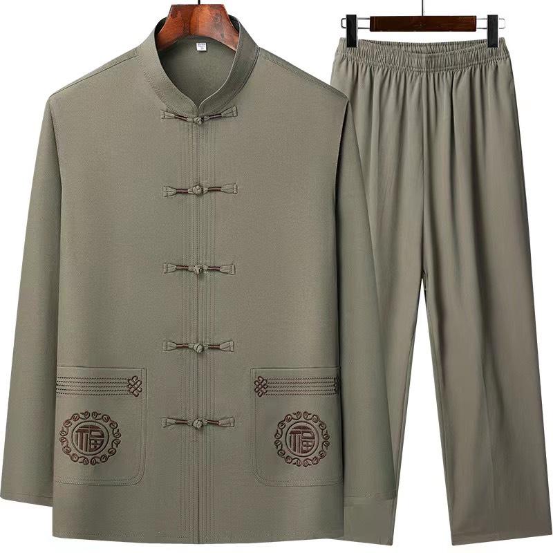 Đồ bộ trung niên nam cho ông cho bố Bộ đồ cổ tàu Áo tay dài chất liệu thô đũi nhẹ mát có túi phong cách thanh lịch sang trọng món quà ý nghĩa tặng ba Menswear set