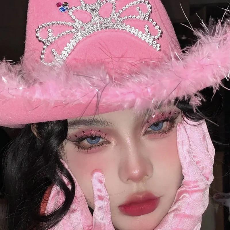 Product Introduction of Women Pink West Cowgirl Hat Girls Tiara Feather Felt Western Sequin Cowboy Cap Costume Party Dress Jazz Caps Cosplay Props 5