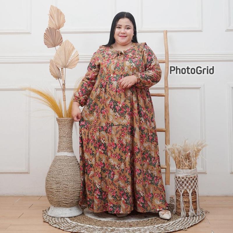 Product Introduction of Midi dress jumbo LD 130 rayon premium-Gamis rayon jumbo LD 130 muat BB 100kg busui motif bunga model A-line Maksi dress rayon jumbo LD 130 oversize-Midi dress rayon ld 130 jumbo motif bunga 3
