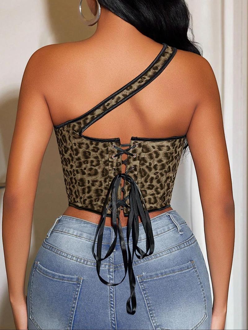 Product Introduction of Women's Leopard Print Lace Up Tank Top, Casual Fashion Tummy Control Top for Daily Wear, Urban Corset Top, Women Clothes for Summer 3