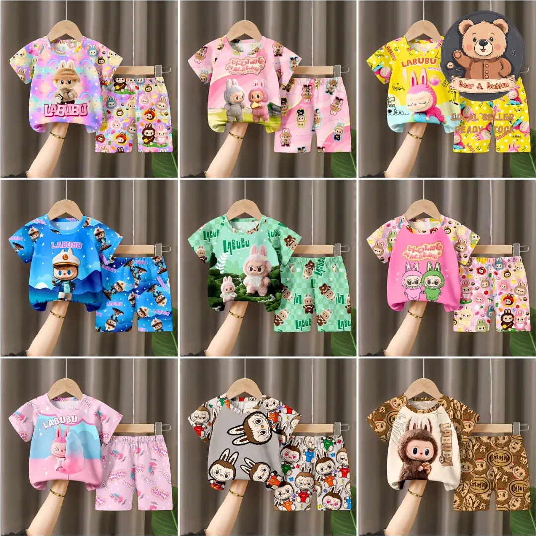 B&B 2Pcs Set Children Boy Labubu Sleepwear T-Shirt Pants Short Sleeve Kids Pyjamas Girl Nightwear Baju Tidur Budak Kanak Soft Cotton Baju Raya Baby