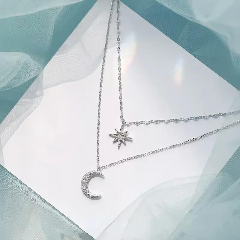 Delysia King Star Moon double layer Necklace women's light niche design sense overlapping clavicle chain 1