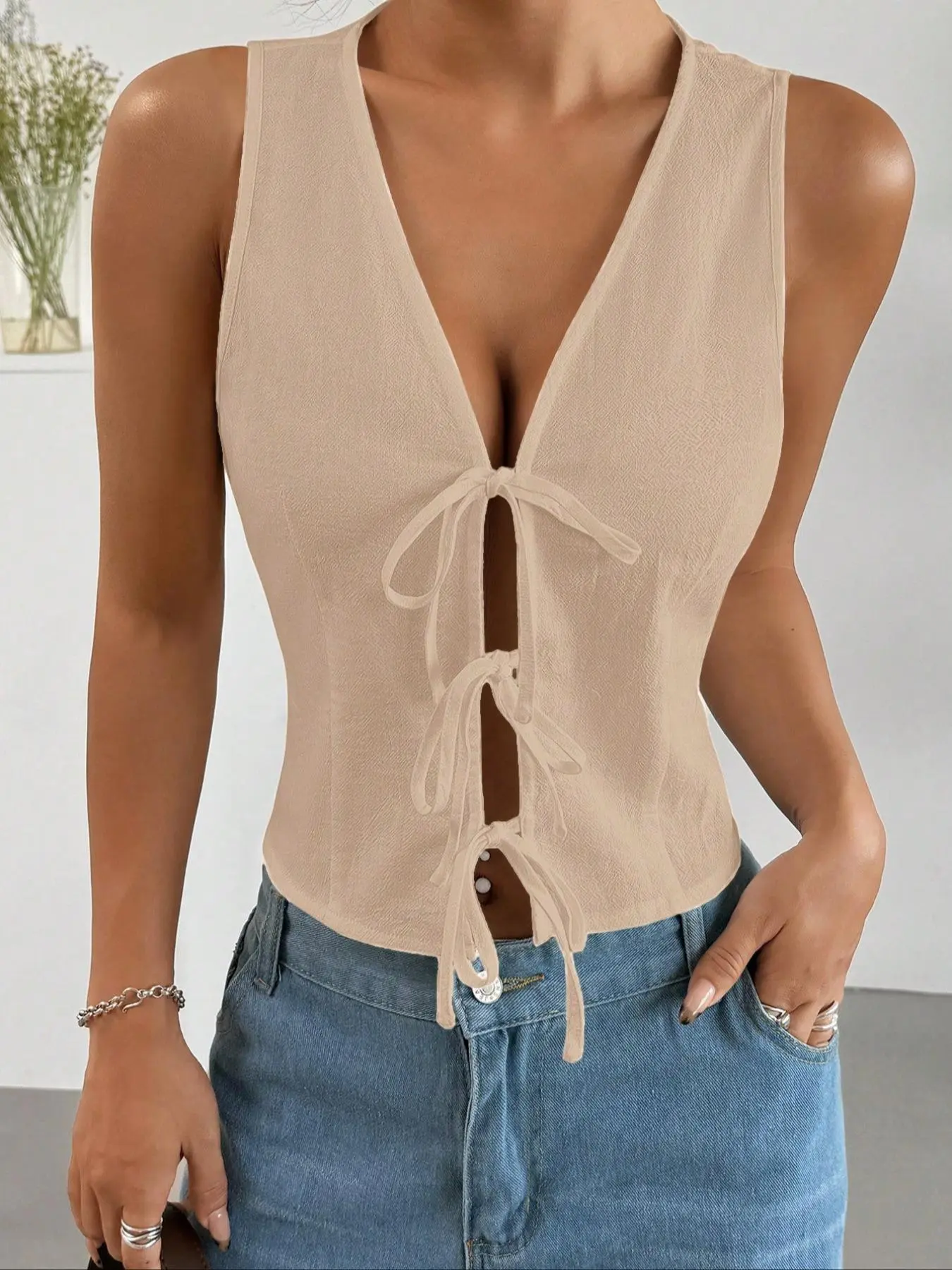 Women's Solid Color Tie Front V Neck Tank Top, Casual Sleeveless Top for Daily Wear, Ladies Clothes for Summer