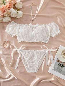 Y1139 Conjunto de lencería de una sola pieza para mujer, sexy con encaje de malla, diseño ajustado casual para todas las estaciones, con patrón de lunares elegante