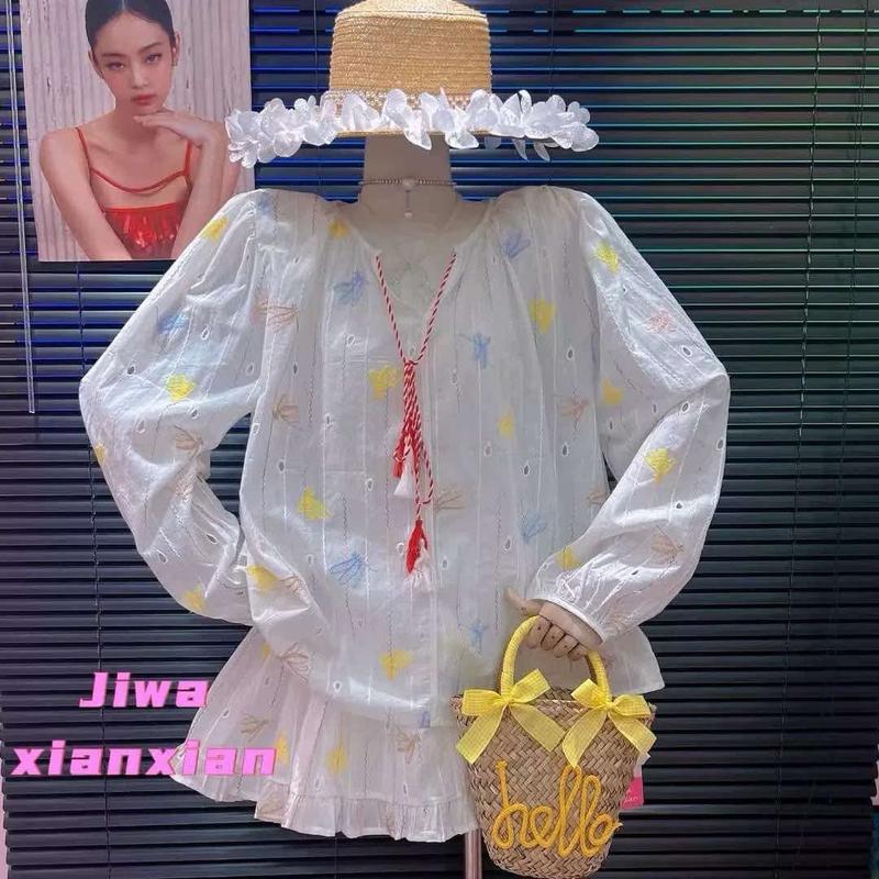 SET áo babydoll kèm chân váy thêu chuồn chuồn phối dây tua rua Jiwa Quảng Châu chính hãng Nữ Women