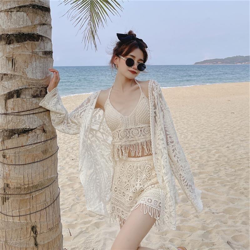 45-Set bộ bikini len móc mã mới 2022 quần tua rua-bra tròn tua rua-choàng hoa to