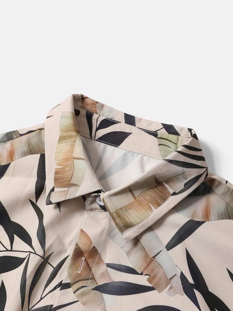 Product Introduction of Men's Tropical Print Button Front Shirt & Drawstring Waist Shorts Set, Regular Fit Casual Short Sleeve Collared Top & Pocket Shorts, Men's Summer Outfits 3