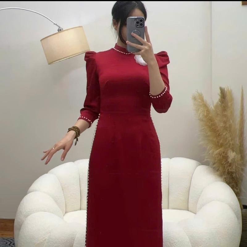 Áo dài nữ, áo dài truyền thống lụa Tây Thi màu Đỏ Đô điềm hoa đính ngọc xinh xắn 1